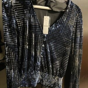 Velvet Long Sleeve Top in Blue and White